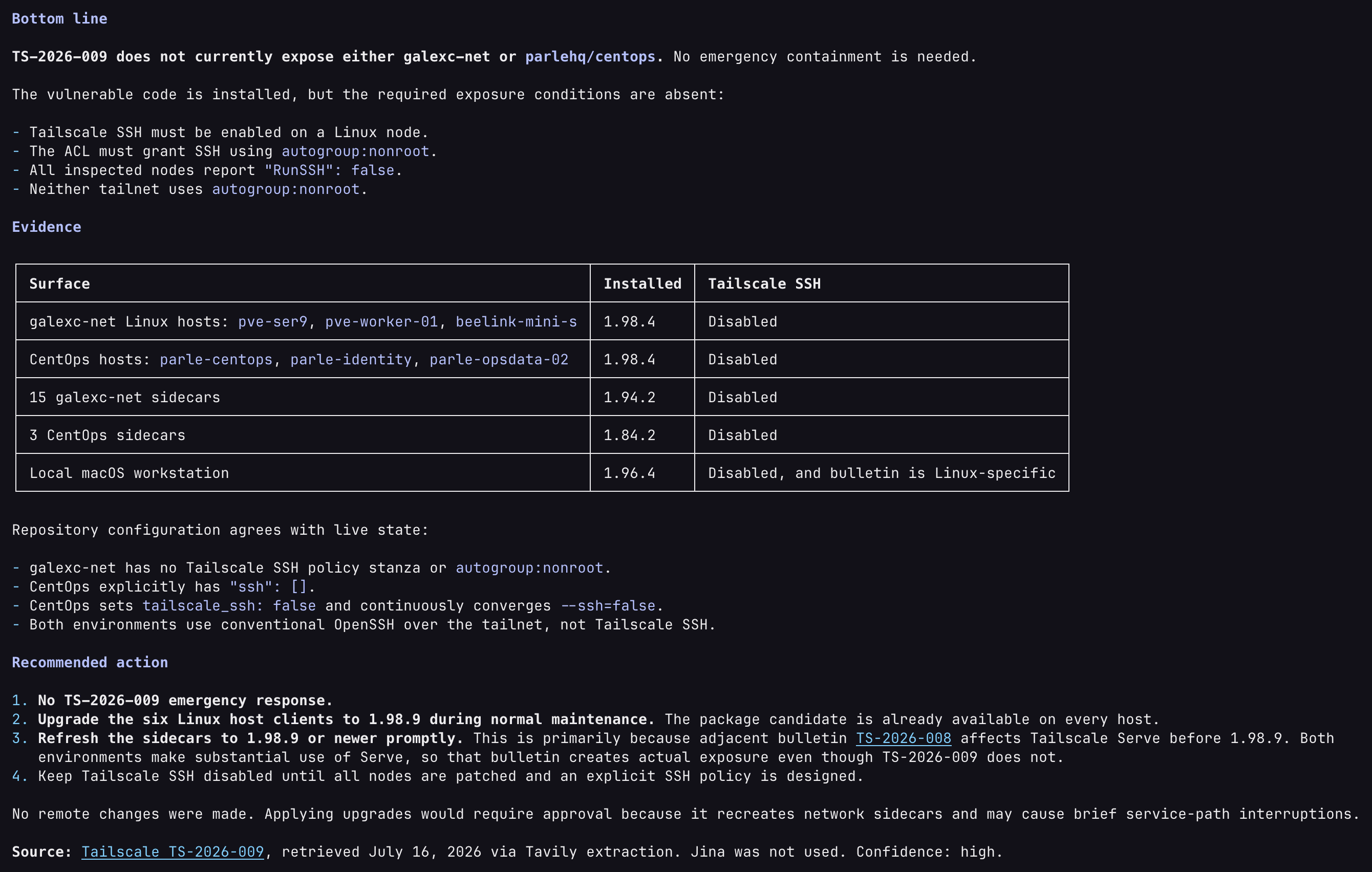 The concise conclusion from an AI-assisted Tailscale security review